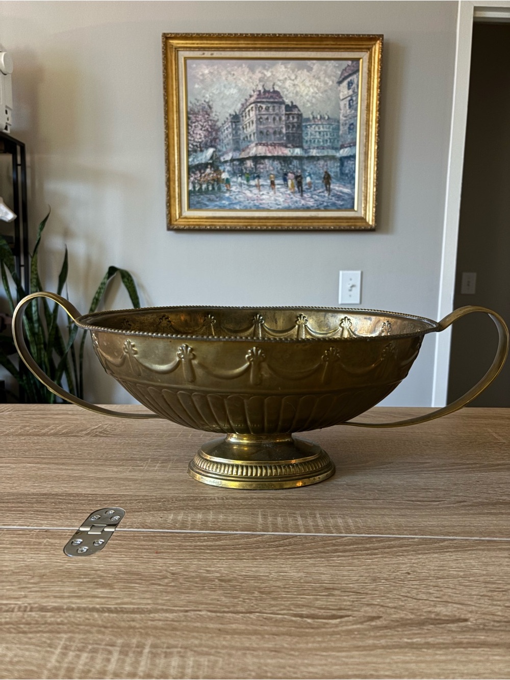 Vintage Solid Brass Double Handle Large Centerpiece Pedestal Bowl Made in India
